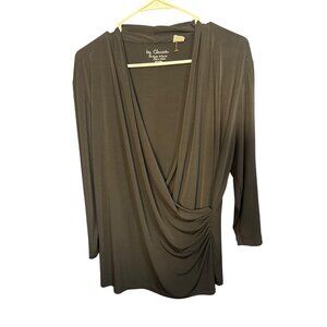 Chicos Womens Size XL Draped Front Top With 3/4 Sleeves In Black Polyester-Spand